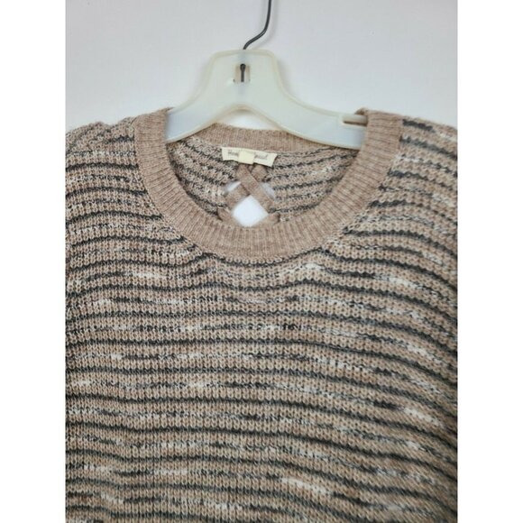 Hem & Thread Women Tan Lace Up Back Striped Knit Pullovers Sweater Size Medium - Picture 2 of 6